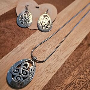 Brighton Silver Tone Scroll Mingle Pendant Necklace and Drop Earring Jewelry Set